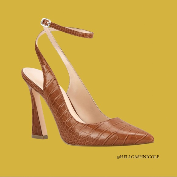 Shoes - Brown Croc-Embossed Ankle-Strap Pointed Toe Pumps